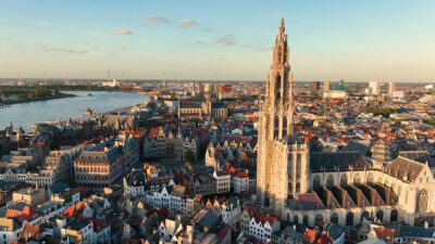 Antwerp cityscape with historic architecture and a vibrant urban atmosphere.